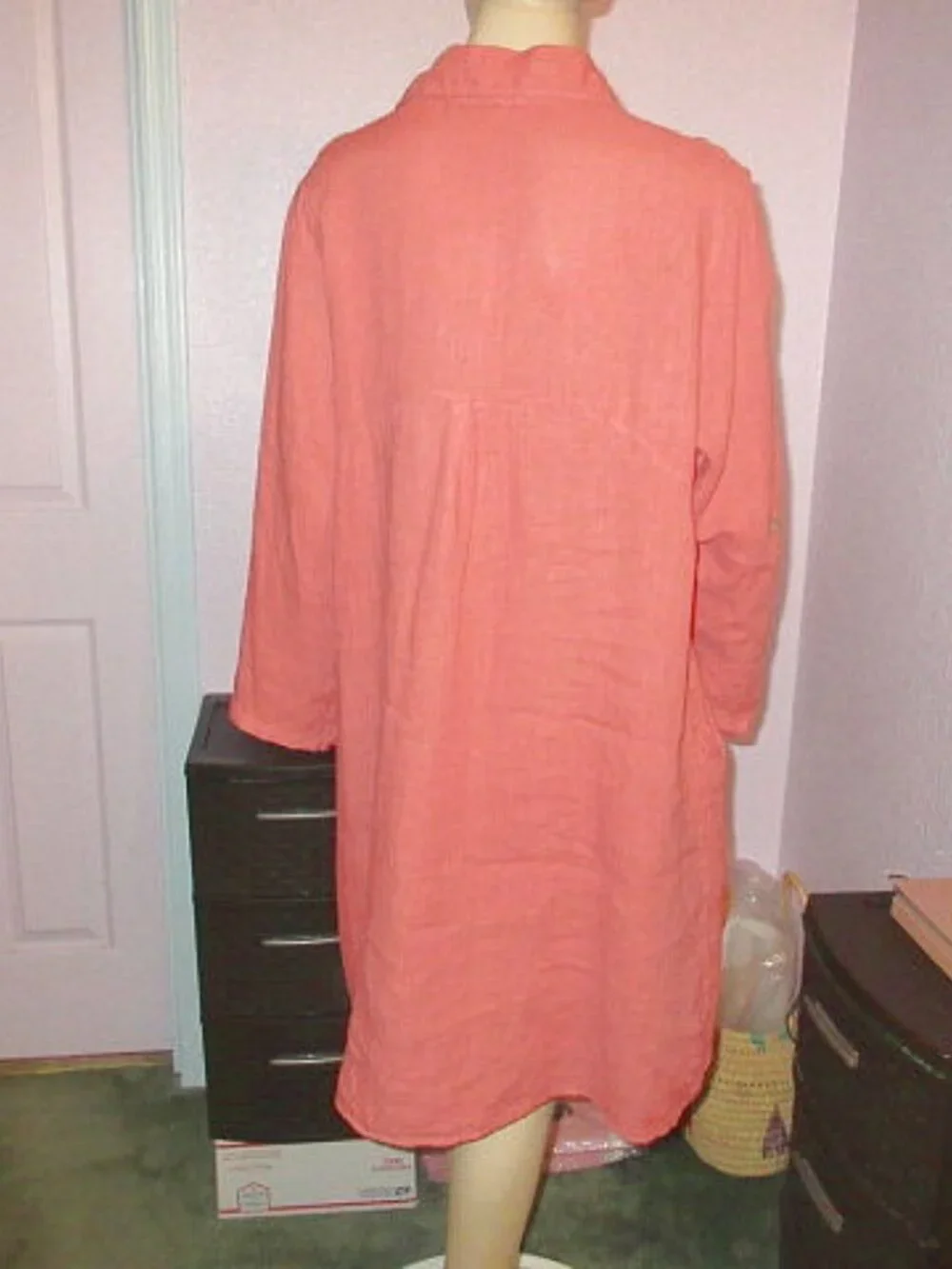 Italian Linen Dress Womens L Pockets Shirt Shift Oversized Roll Tab Beach Resort